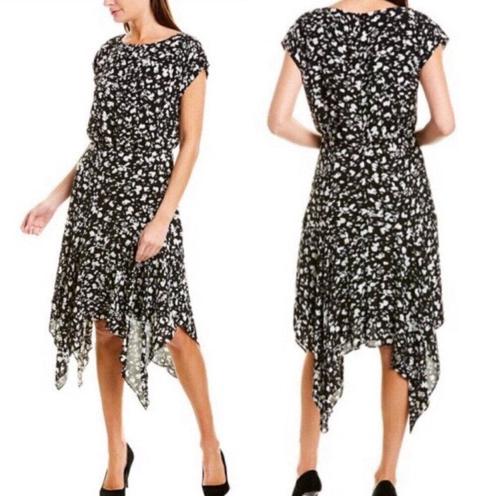 NWT Vince Camuto Modern Impression Dress 4 $139 Fit Flare Black Handkerchief Hem